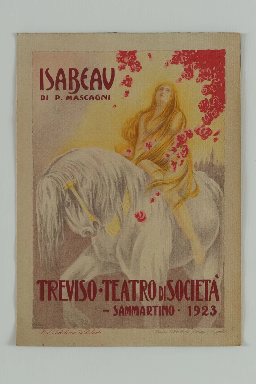 Donna dai lunghi capelli biondi in groppa ad un cavallo bianco lambita da una cascata di fiori rossi - Museo Nazionale Collezione Salce, Treviso